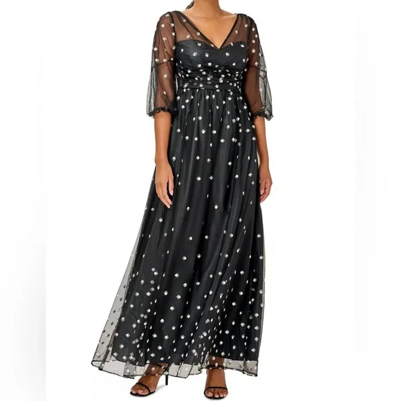 NWT, Adrianna Papell "Glitter Tulle Long Dress" in Black w/ Puff Sleeve, Size 8 - Picture 3 of 12